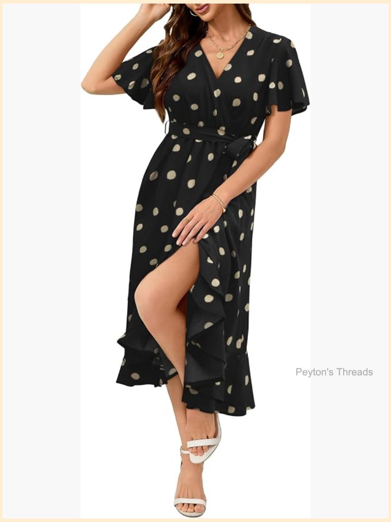 Floral Wrap Midi Dress With Pockets V Neck Short Sleeve Boho Flowy Beach Dresses